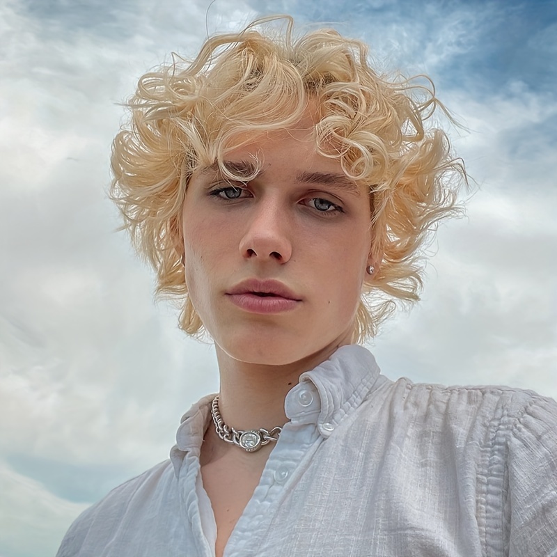 Mens Blonde Wig Short Wavy Flu - đánh giá và giá Synthetic Wigs